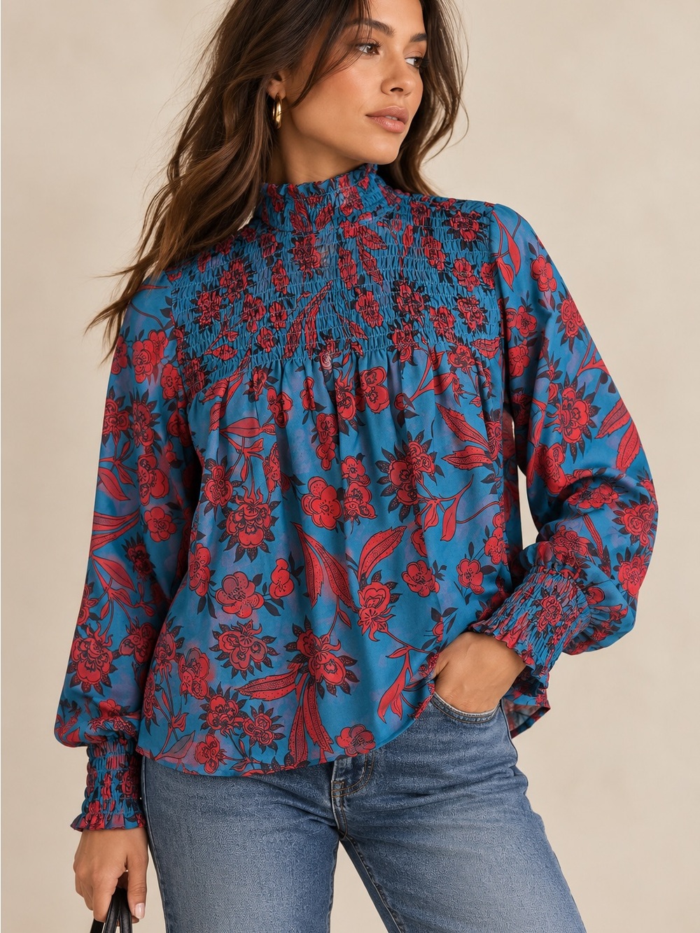 Smocked High-Neck Floral Blouse - Blue & Red